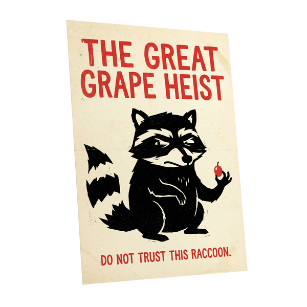 The Great Grape Heist, black, beige, red nature wall art shown as a unframed poster wall art print