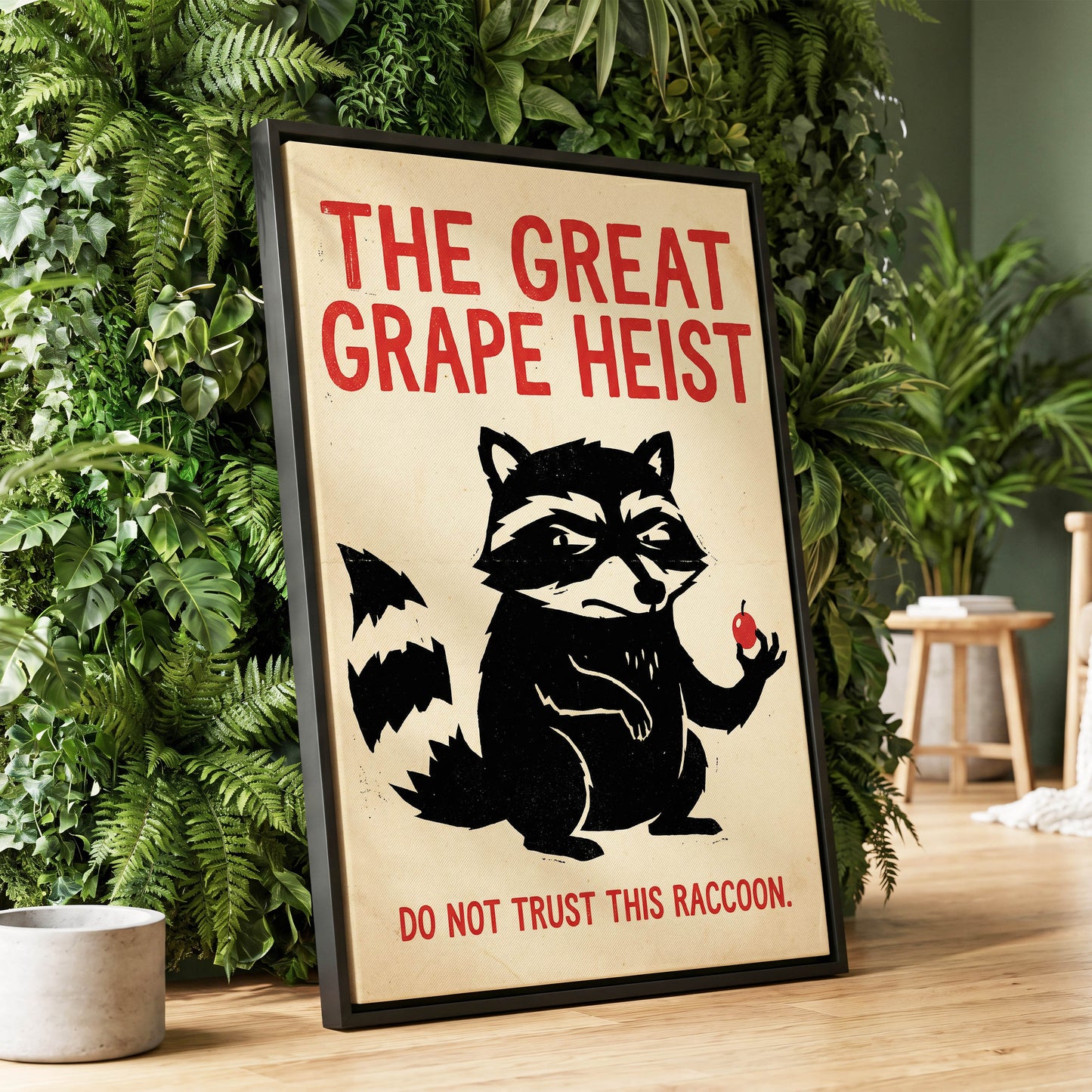 The Great Grape Heist, black, beige, red nature wall art displayed in a styled interior, gallery view 1