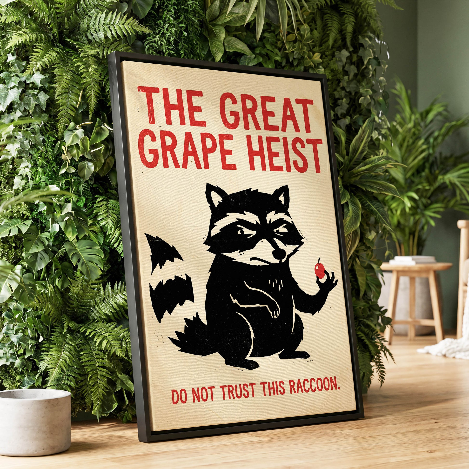 The Great Grape Heist, black, beige, red nature wall art displayed in a styled interior, gallery view 1
