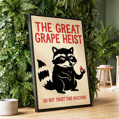 The Great Grape Heist, black, beige, red nature wall art displayed in a styled interior, gallery view 1