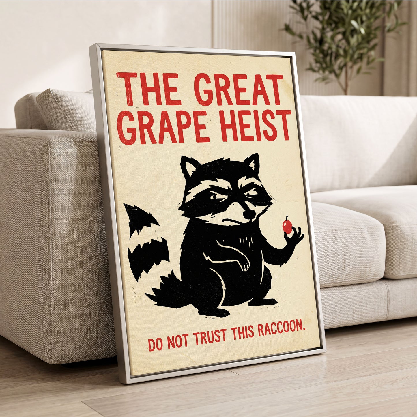 The Great Grape Heist, black, beige, red nature wall art displayed in a styled interior, gallery view 2