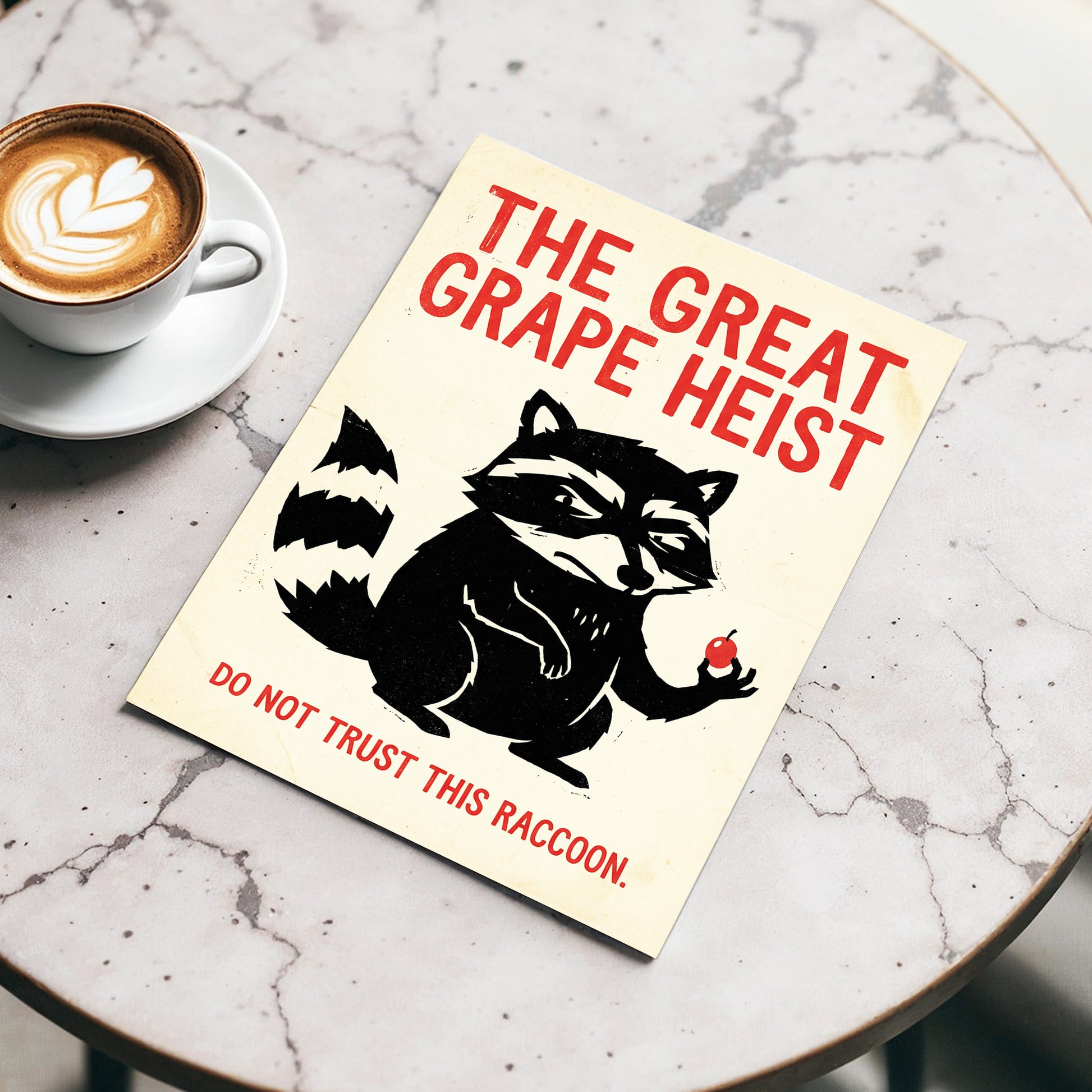 The Great Grape Heist, black, beige, red nature wall art displayed in a styled interior, gallery view 3