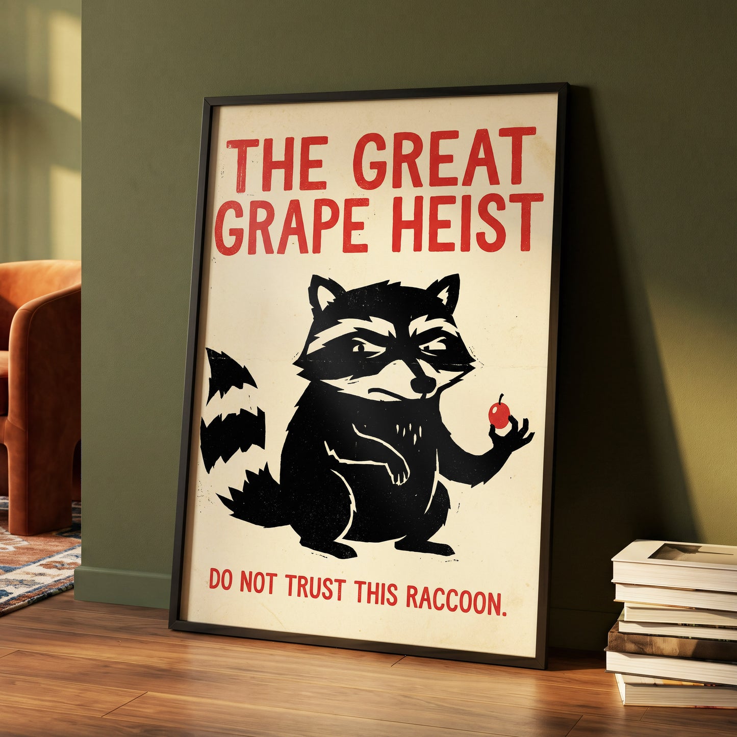 The Great Grape Heist, black, beige, red nature wall art displayed in a styled interior, gallery view 4