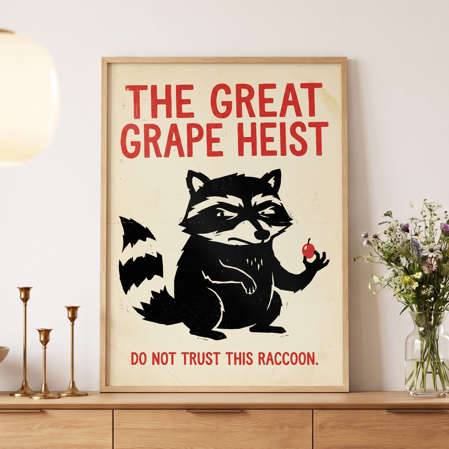 The Great Grape Heist, black, beige, red nature wall art displayed in a styled interior, gallery view 5