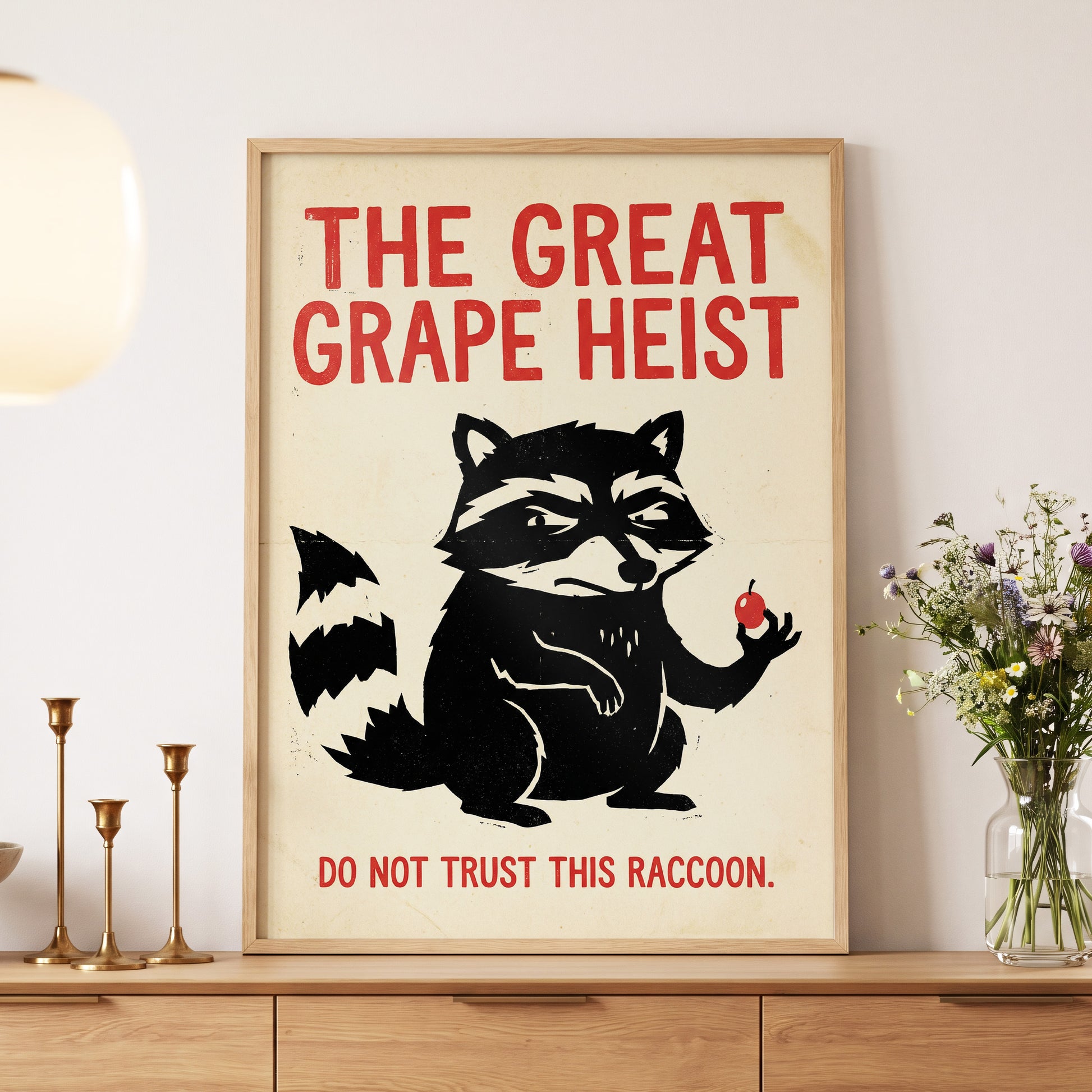 The Great Grape Heist, black, beige, red nature wall art displayed in a styled interior, gallery view 5