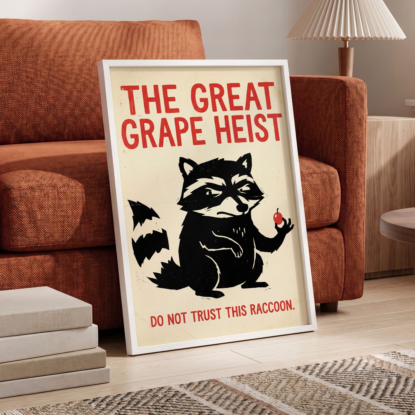The Great Grape Heist, black, beige, red nature wall art displayed in a styled interior, gallery view 6