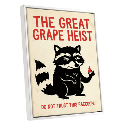 The Great Grape Heist, black, beige, red nature wall art shown as a white framed canvas wall art