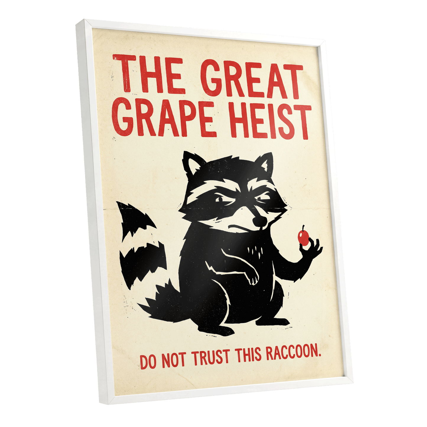 The Great Grape Heist, black, beige, red nature wall art shown as a white framed poster wall art print