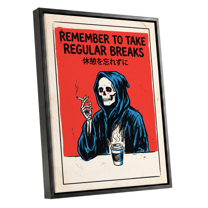 The Grim Coffee Break, red, black, blue minimalist wall art shown as a black framed canvas wall art