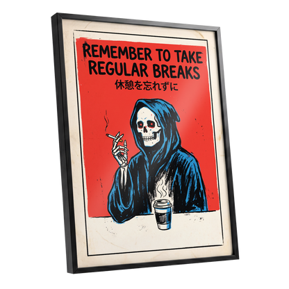 The Grim Coffee Break, red, black, blue minimalist wall art shown as a black framed poster wall art print