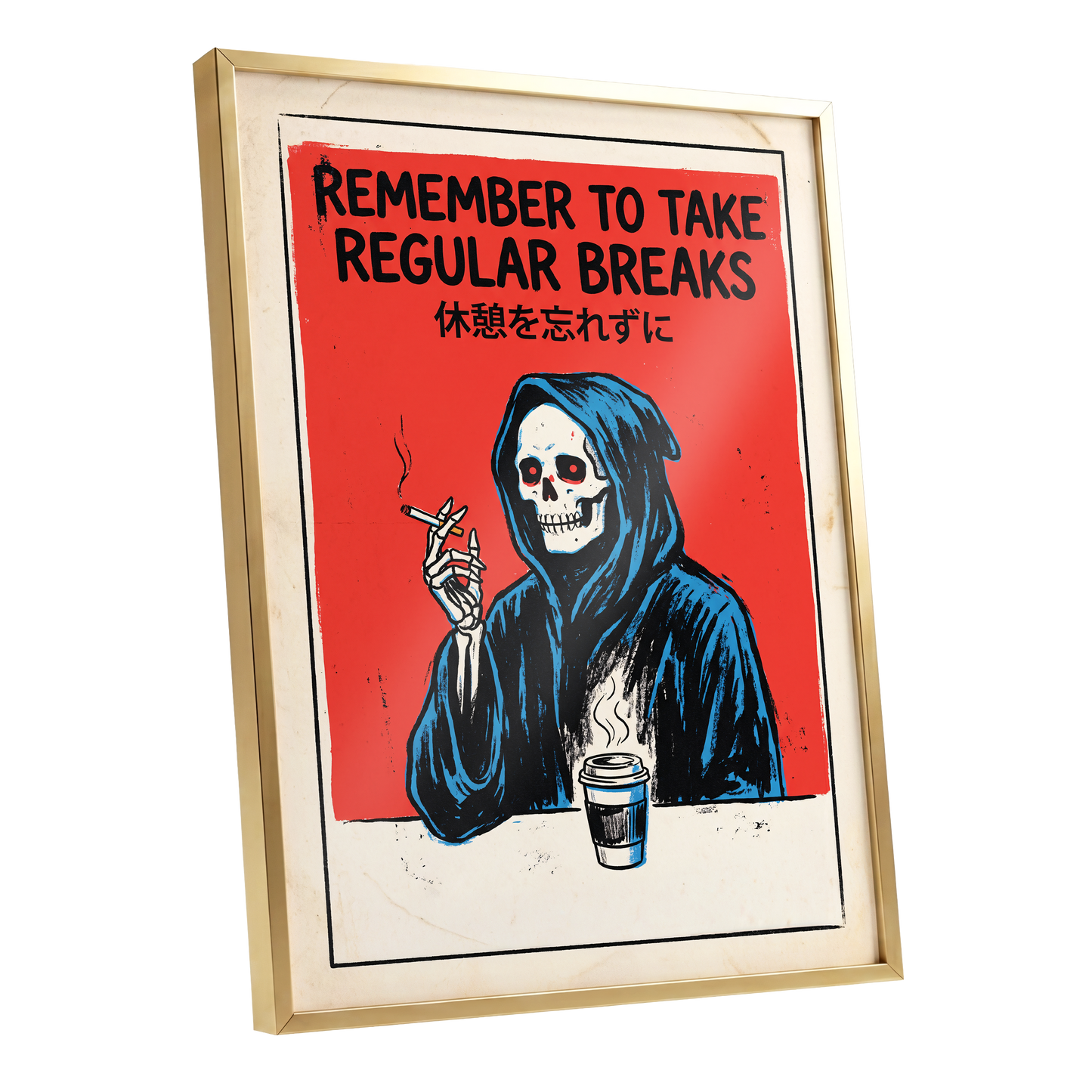 The Grim Coffee Break, red, black, blue minimalist wall art shown as a gold framed poster wall art print