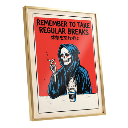 The Grim Coffee Break, red, black, blue minimalist wall art shown as a gold framed poster wall art print