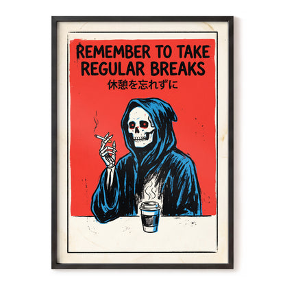 The Grim Coffee Break, red, black, blue minimalist wall art, front artwork view