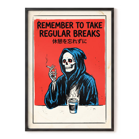 The Grim Coffee Break, red, black, blue minimalist wall art, front artwork view