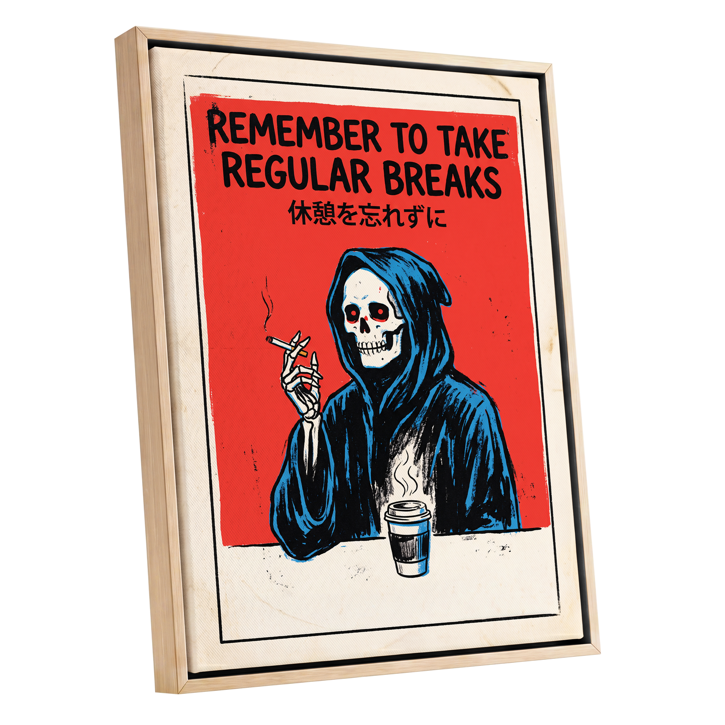 The Grim Coffee Break, red, black, blue minimalist wall art shown as a oak framed canvas wall art