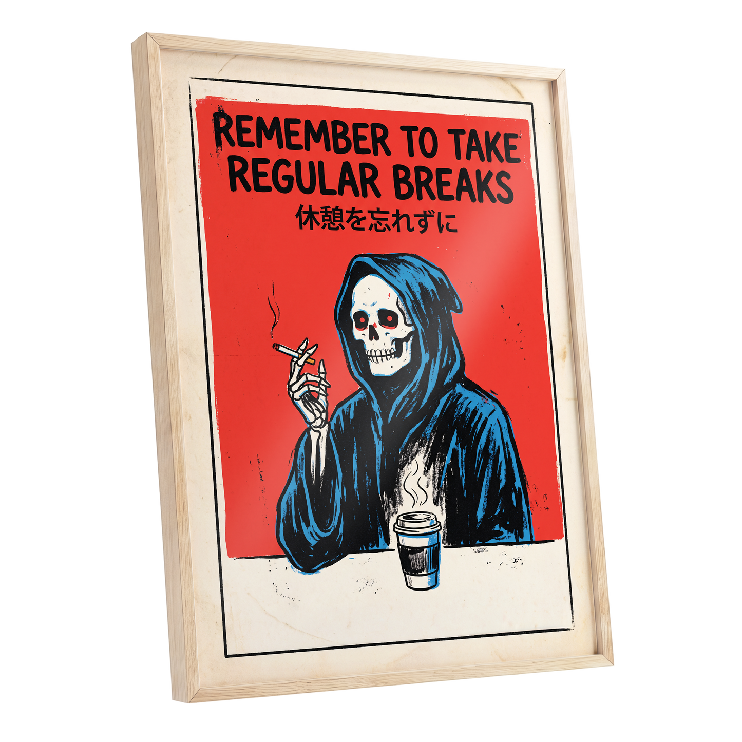 The Grim Coffee Break, red, black, blue minimalist wall art shown as a oak framed poster wall art print
