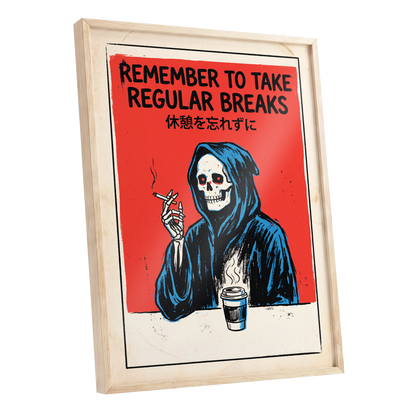 The Grim Coffee Break, red, black, blue minimalist wall art shown as a oak framed poster wall art print