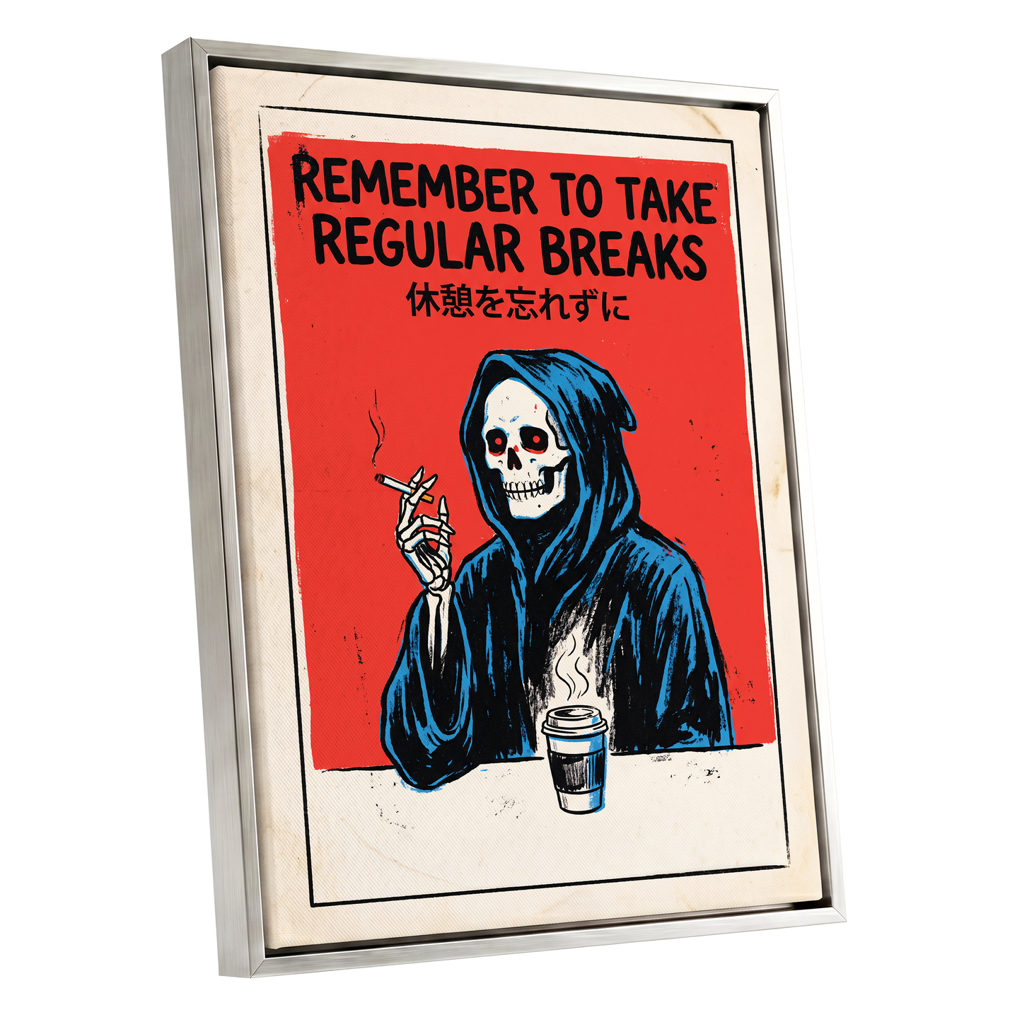The Grim Coffee Break, red, black, blue minimalist wall art shown as a silver framed canvas wall art