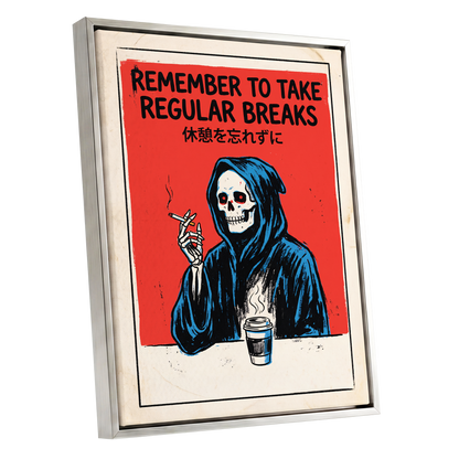 The Grim Coffee Break, red, black, blue minimalist wall art shown as a silver framed canvas wall art