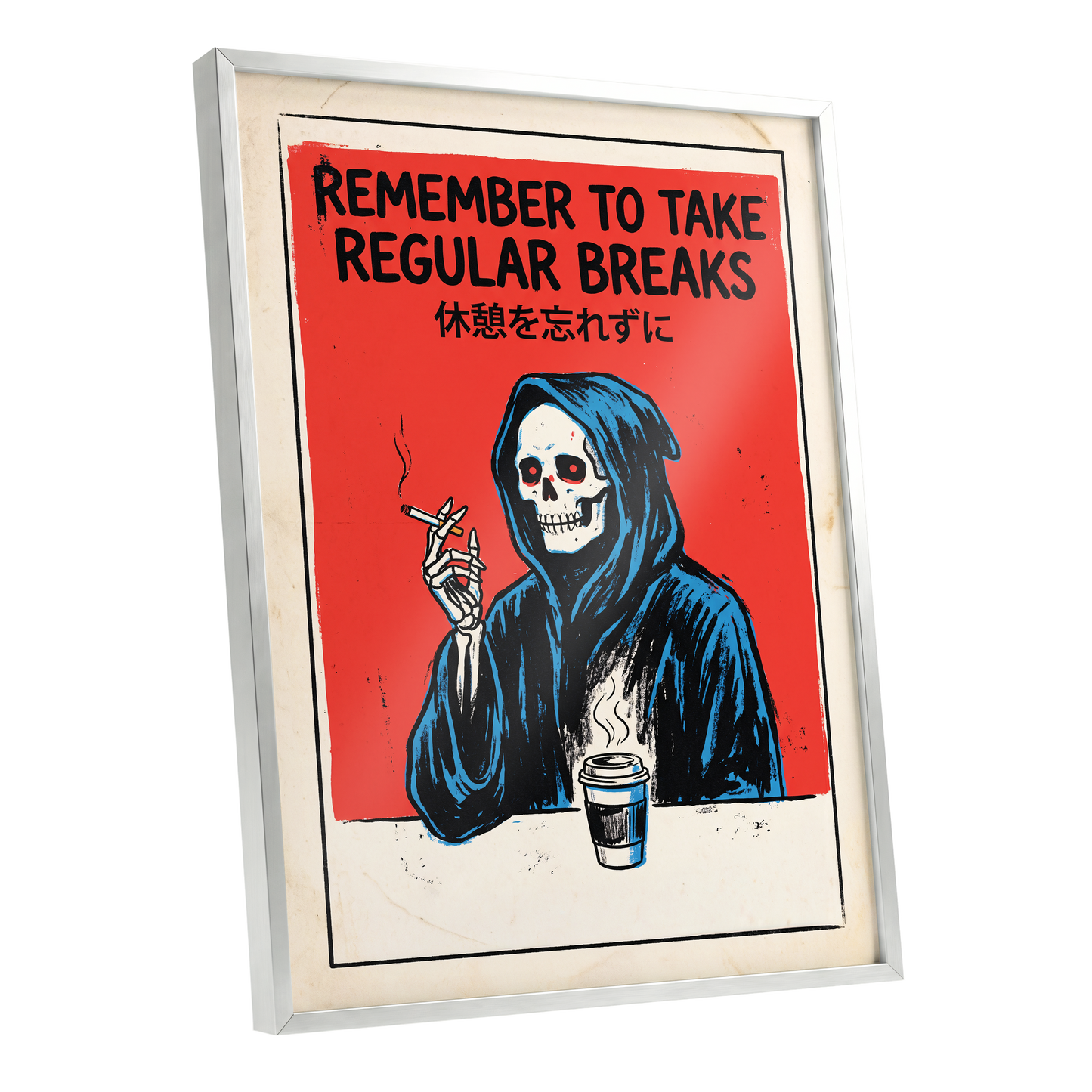 The Grim Coffee Break, red, black, blue minimalist wall art shown as a silver framed poster wall art print