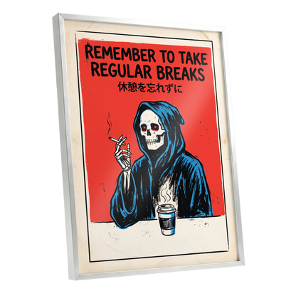 The Grim Coffee Break, red, black, blue minimalist wall art shown as a silver framed poster wall art print