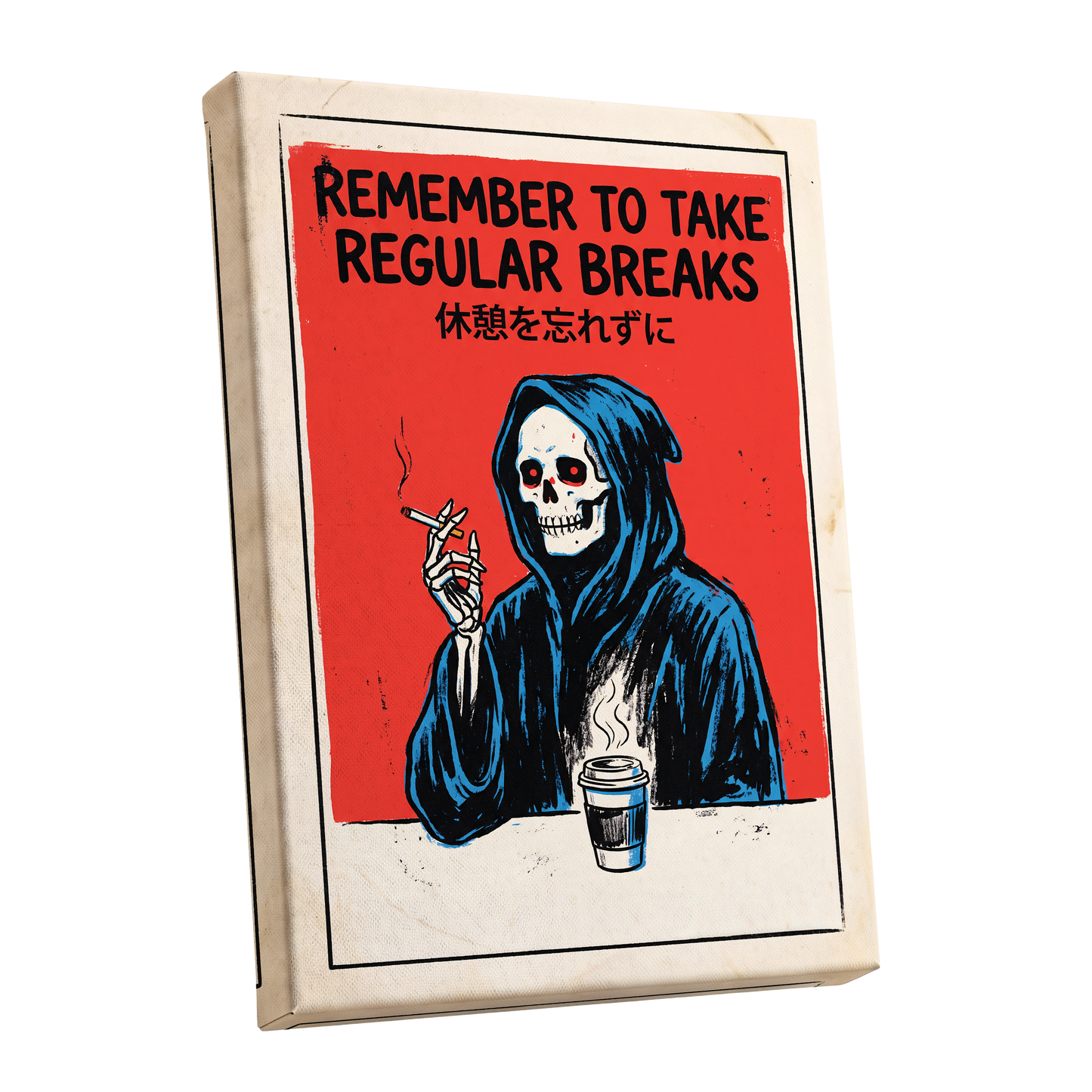 The Grim Coffee Break, red, black, blue minimalist wall art shown as a stretched canvas wall art