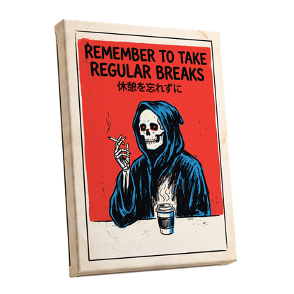 The Grim Coffee Break, red, black, blue minimalist wall art shown as a stretched canvas wall art