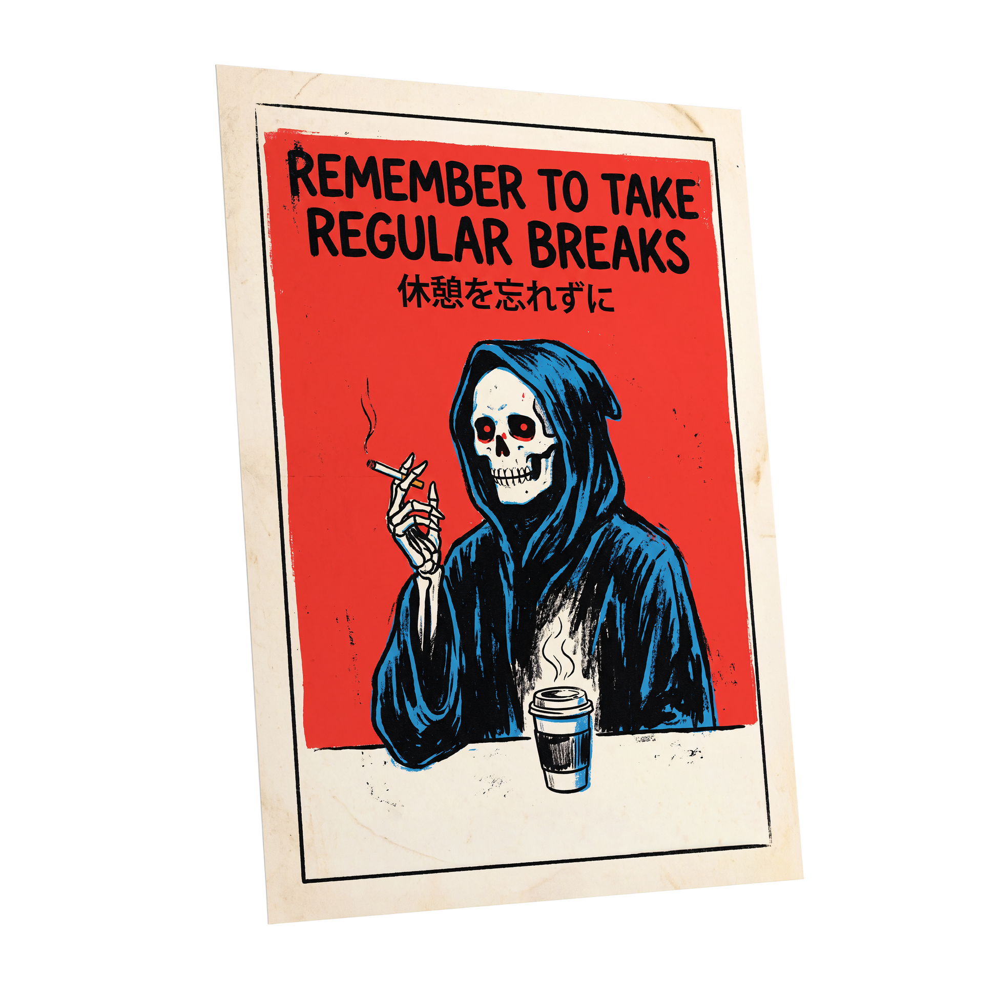 The Grim Coffee Break, red, black, blue minimalist wall art shown as a unframed poster wall art print