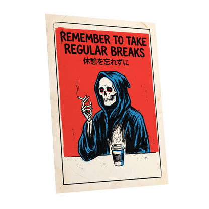 The Grim Coffee Break, red, black, blue minimalist wall art shown as a unframed poster wall art print