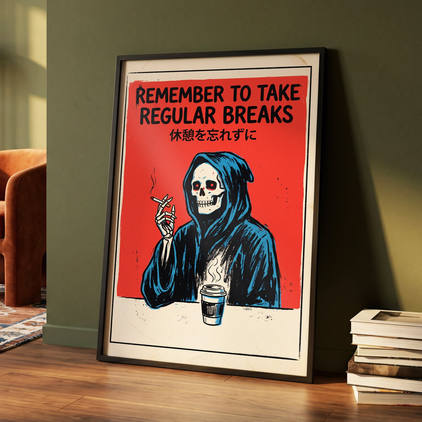 The Grim Coffee Break, red, black, blue minimalist wall art displayed in a styled interior, gallery view 2