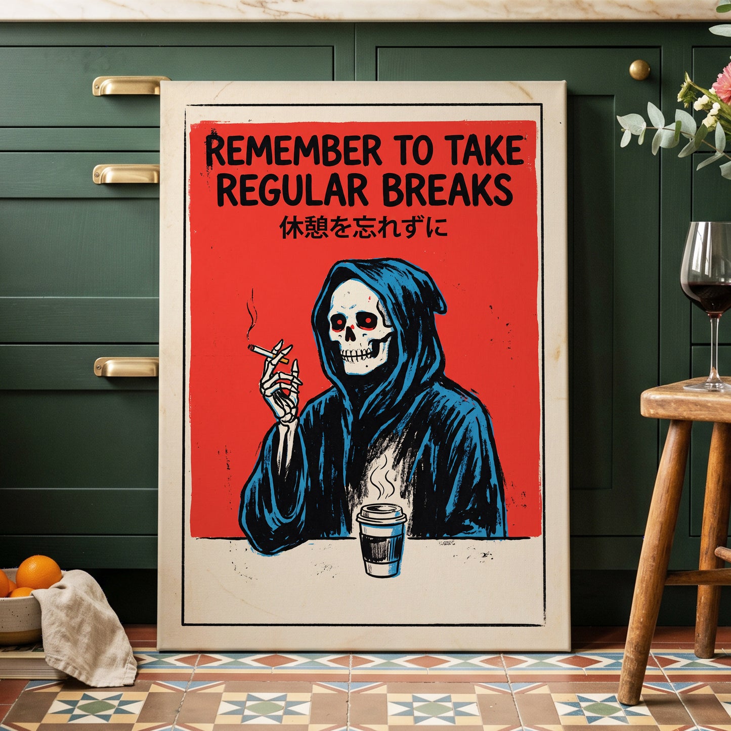 The Grim Coffee Break, red, black, blue minimalist wall art displayed in a styled interior, gallery view 3