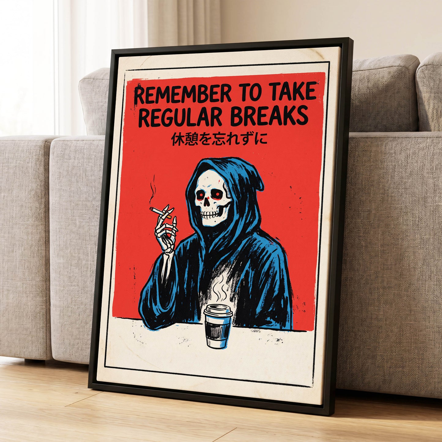 The Grim Coffee Break, red, black, blue minimalist wall art displayed in a styled interior, gallery view 4
