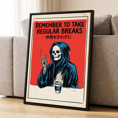 The Grim Coffee Break, red, black, blue minimalist wall art displayed in a styled interior, gallery view 4