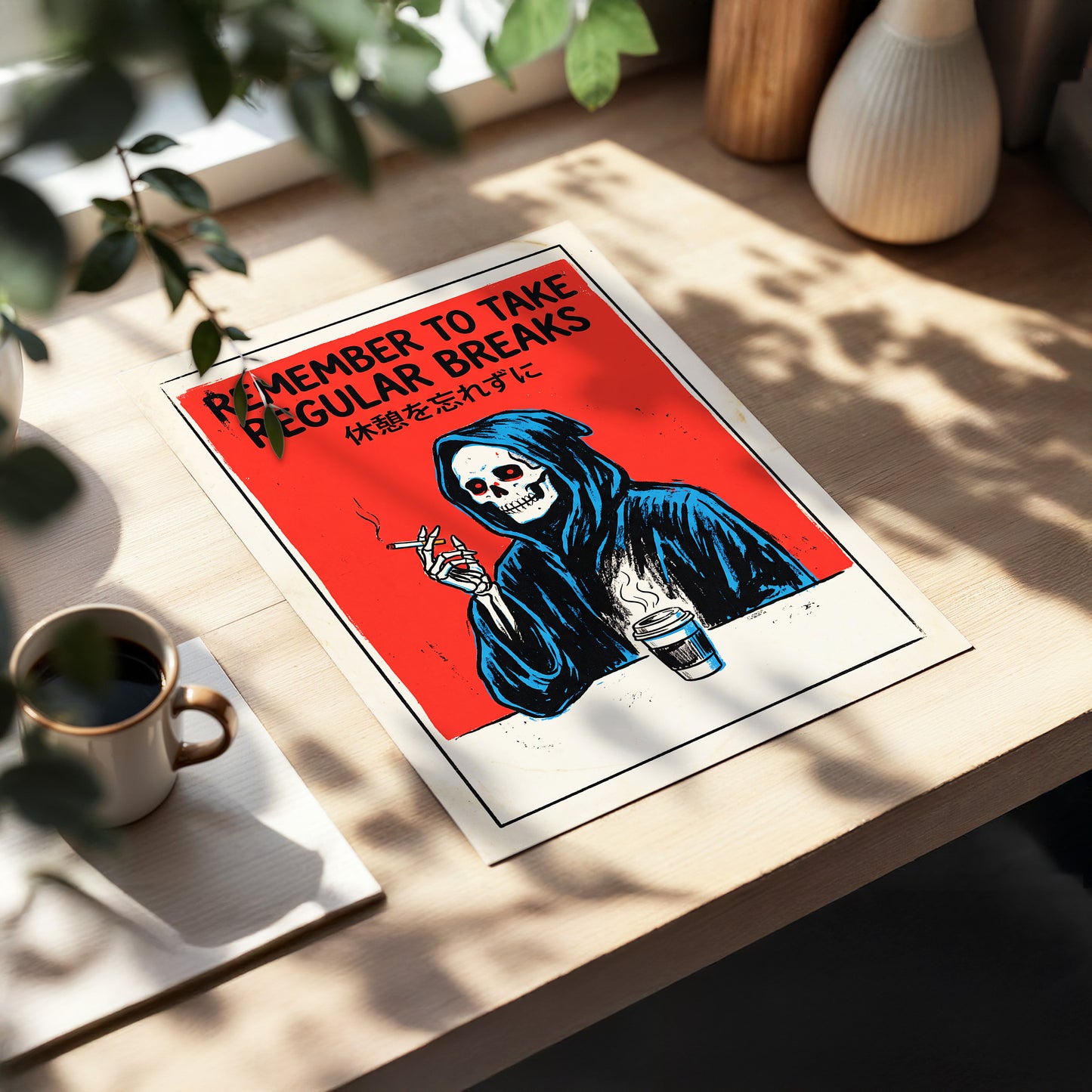 The Grim Coffee Break, red, black, blue minimalist wall art displayed in a styled interior, gallery view 5