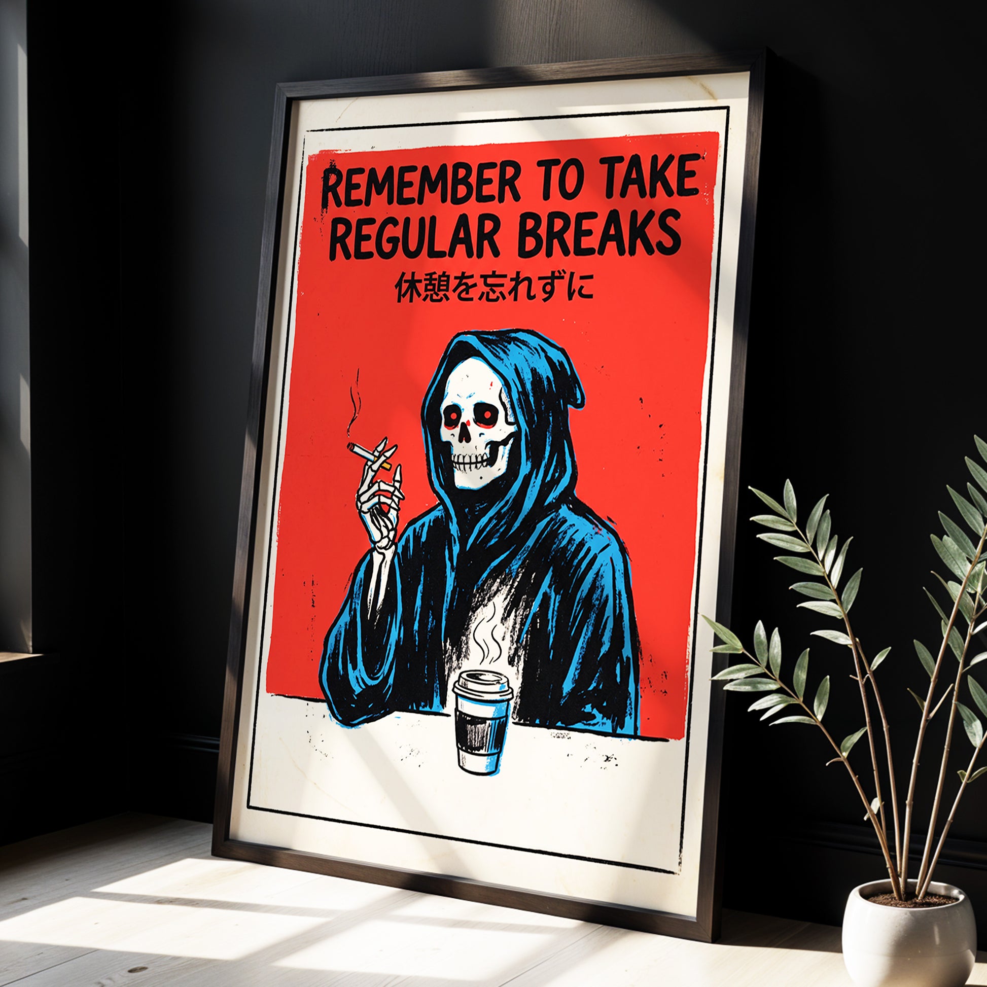 The Grim Coffee Break, red, black, blue minimalist wall art displayed in a styled interior, gallery view 6