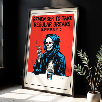 The Grim Coffee Break, red, black, blue minimalist wall art displayed in a styled interior, gallery view 6