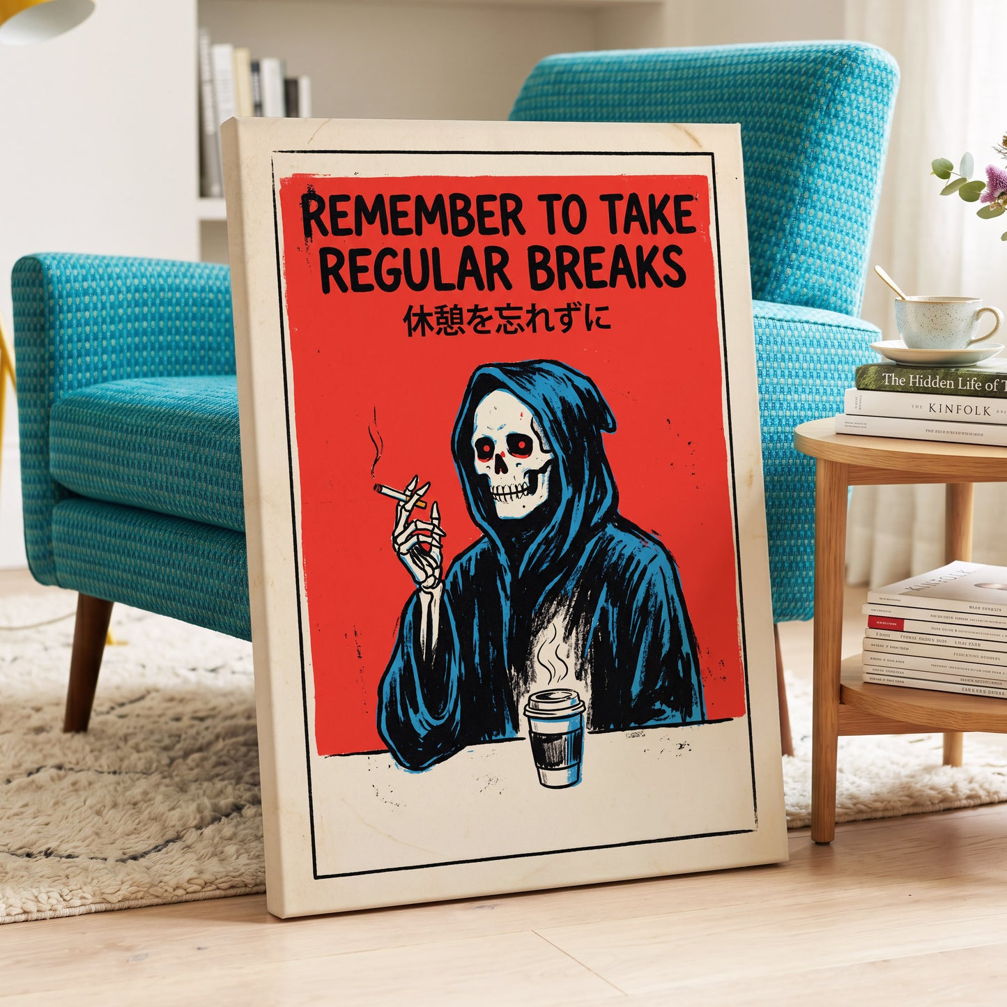 The Grim Coffee Break, red, black, blue minimalist wall art displayed in a styled interior, gallery view 7