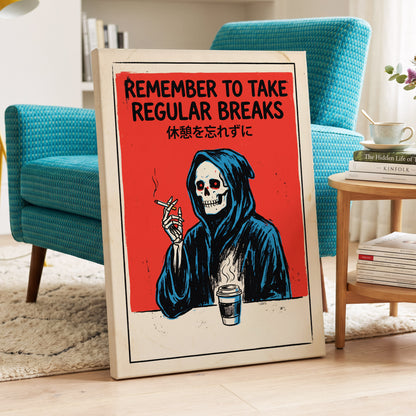 The Grim Coffee Break, red, black, blue minimalist wall art displayed in a styled interior, gallery view 7