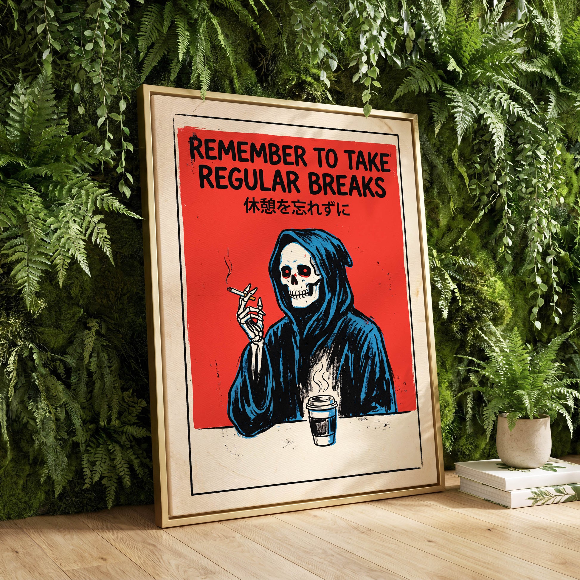 The Grim Coffee Break, red, black, blue minimalist wall art displayed in a styled interior, gallery view 8