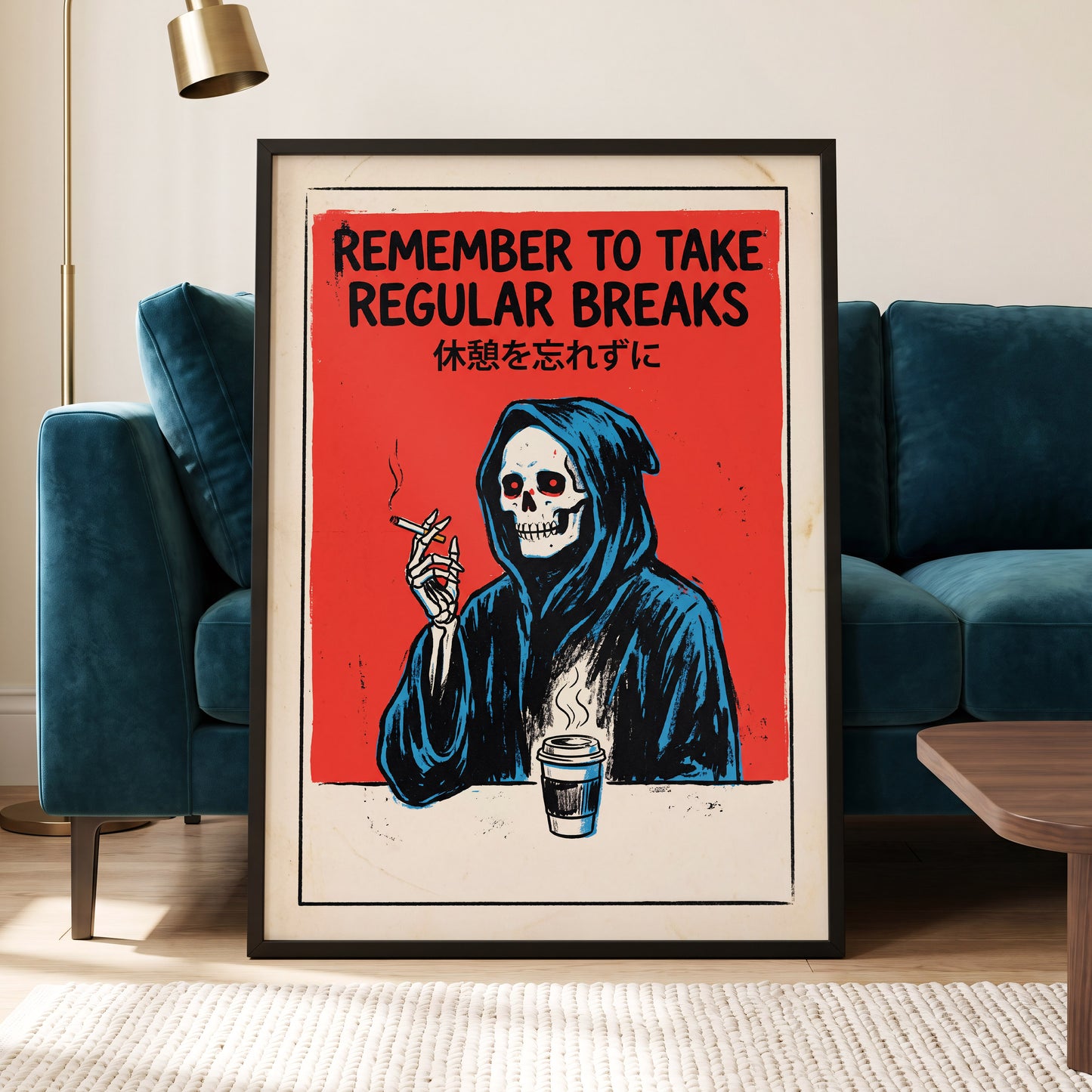 The Grim Coffee Break, red, black, blue minimalist wall art displayed in a styled interior, gallery view 9