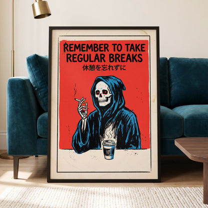 The Grim Coffee Break, red, black, blue minimalist wall art displayed in a styled interior, gallery view 9