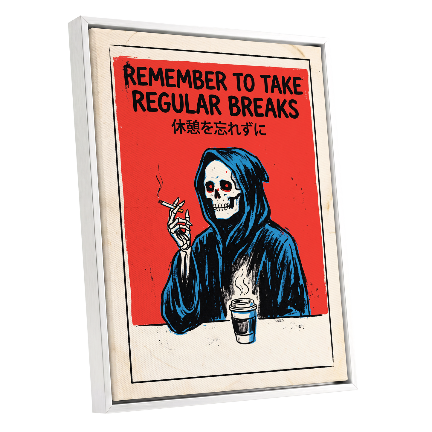 The Grim Coffee Break, red, black, blue minimalist wall art shown as a white framed canvas wall art