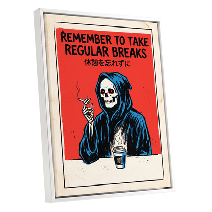 The Grim Coffee Break, red, black, blue minimalist wall art shown as a white framed canvas wall art