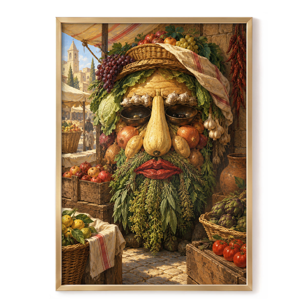 The Harvest Gaze, brown, green, gold abstract wall art, front artwork view