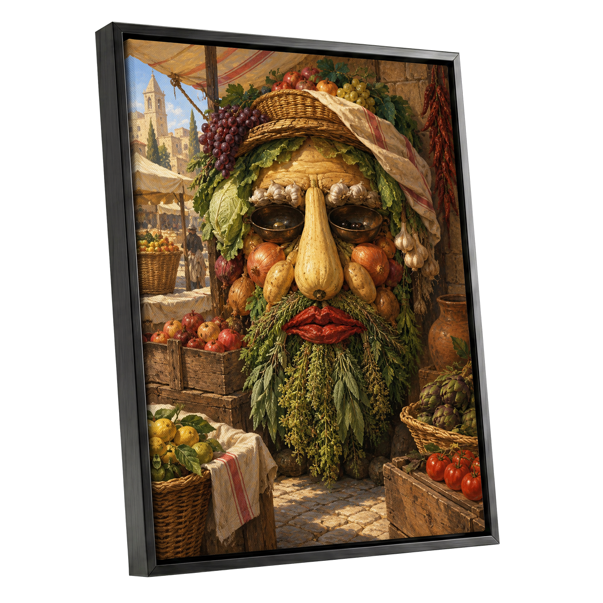 The Harvest Gaze, brown, green, gold abstract wall art shown as a black framed canvas wall art