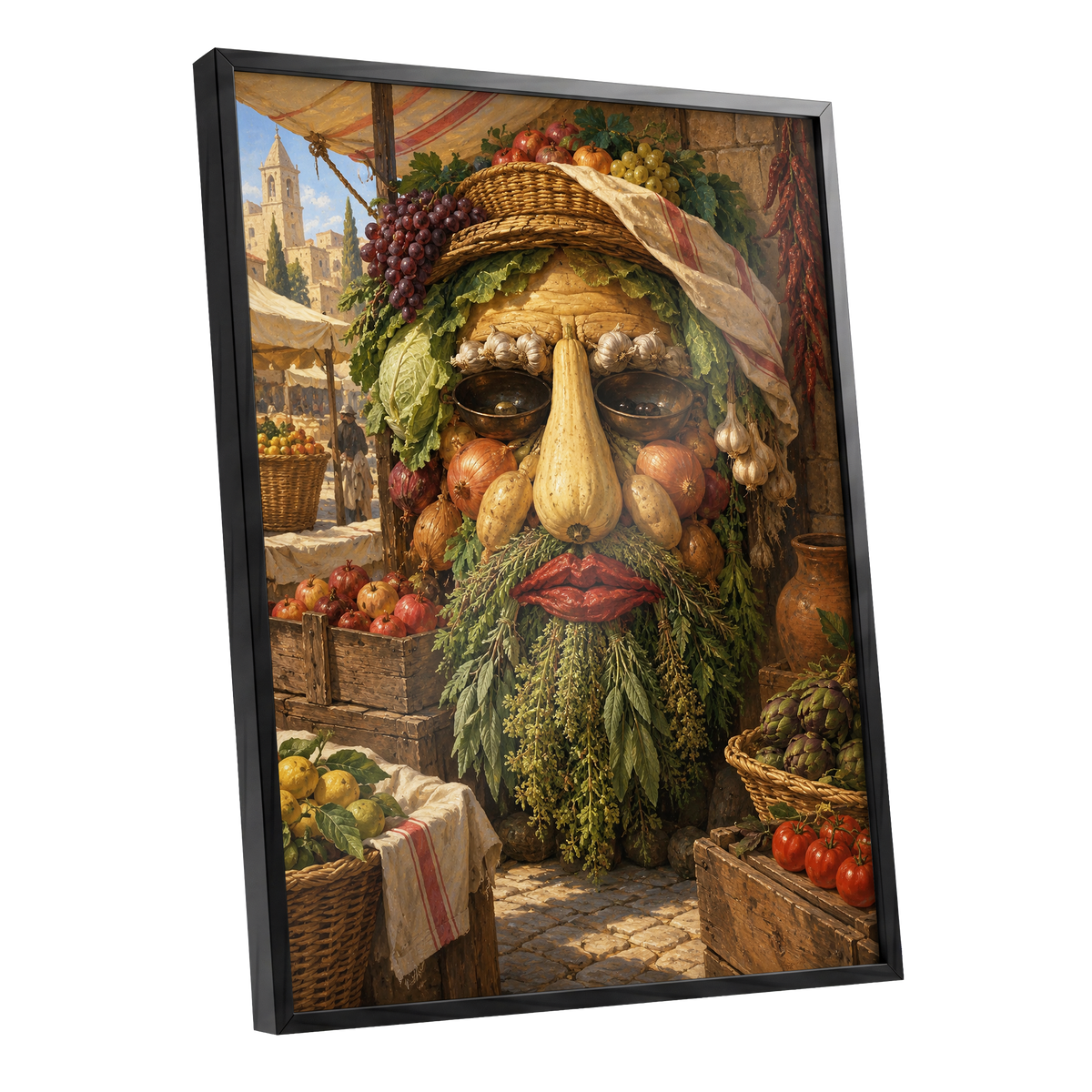 The Harvest Gaze, brown, green, gold abstract wall art shown as a black framed poster wall art print