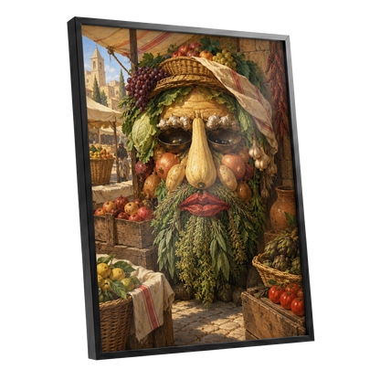 The Harvest Gaze, brown, green, gold abstract wall art shown as a black framed poster wall art print