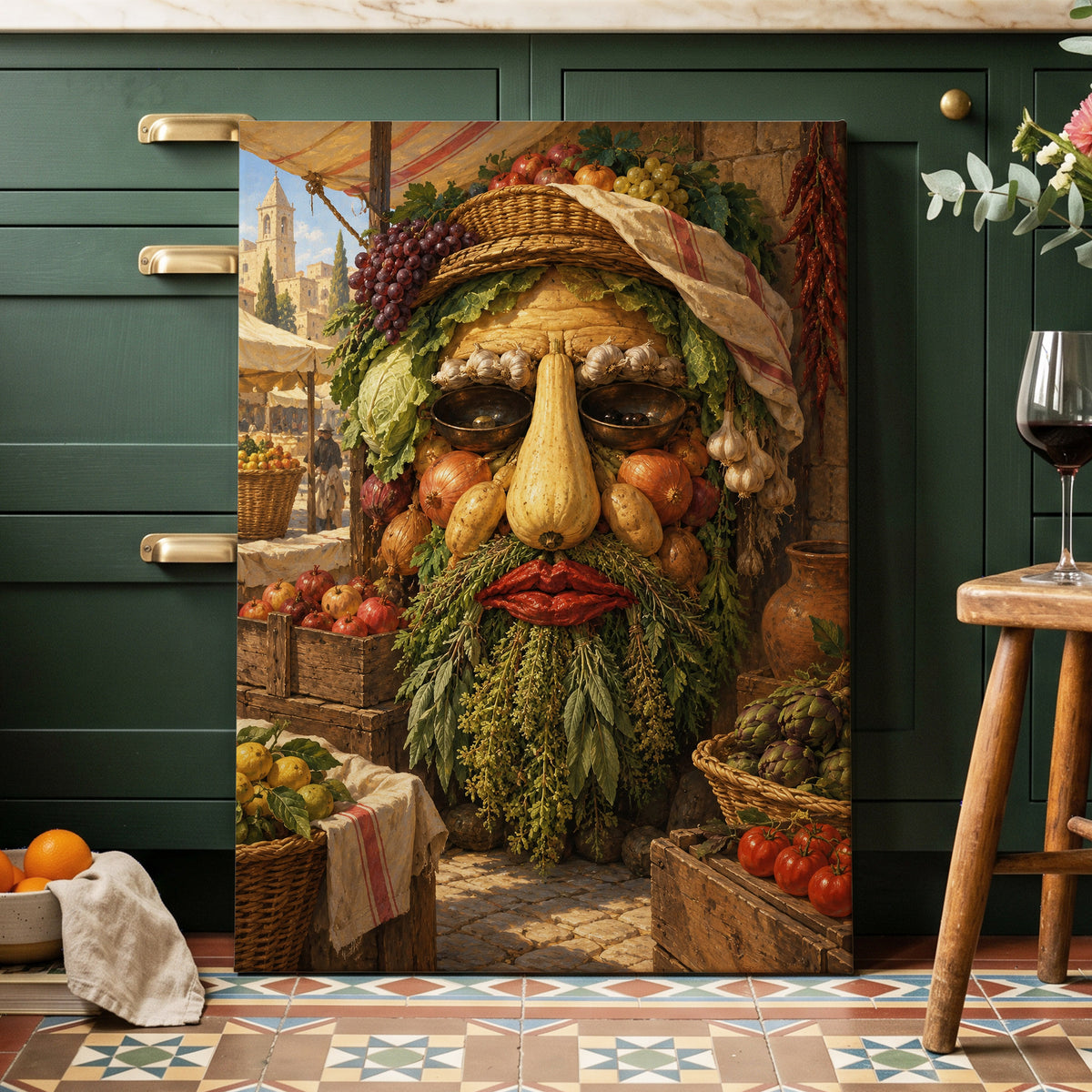 The Harvest Gaze, brown, green, gold abstract wall art on canvas displayed in a styled interior, gallery view 2