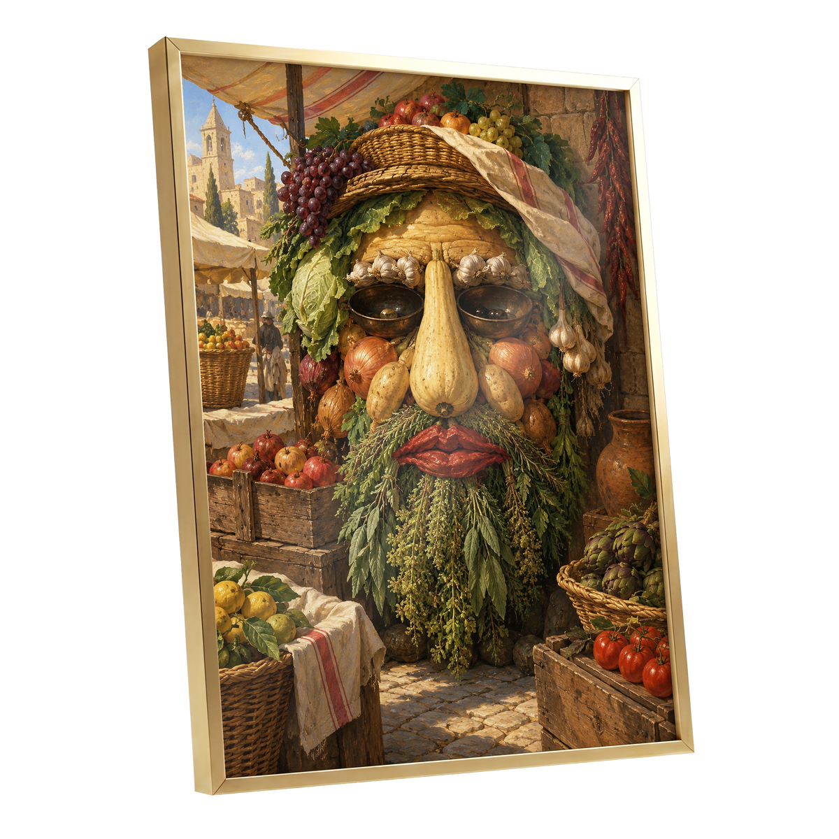 The Harvest Gaze, brown, green, gold abstract wall art shown as a gold framed poster wall art print