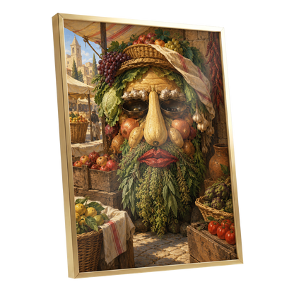 The Harvest Gaze, brown, green, gold abstract wall art shown as a gold framed poster wall art print